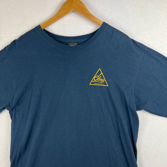 OBEY Propaganda Mens Blue Yellow Logo Graphic Printed Tee Size L Short Sleeve - Picture 3 of 12